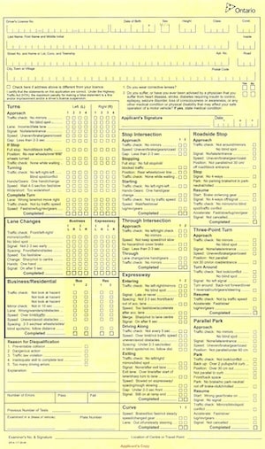 G Road Test Examiner Sheet Ontario – DriveTestRoutes.com